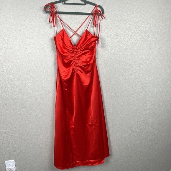 NWT Jason Wu Cinched Front Red Satin Midi Dress Slinky Lingerie Style Sz S - Picture 2 of 12